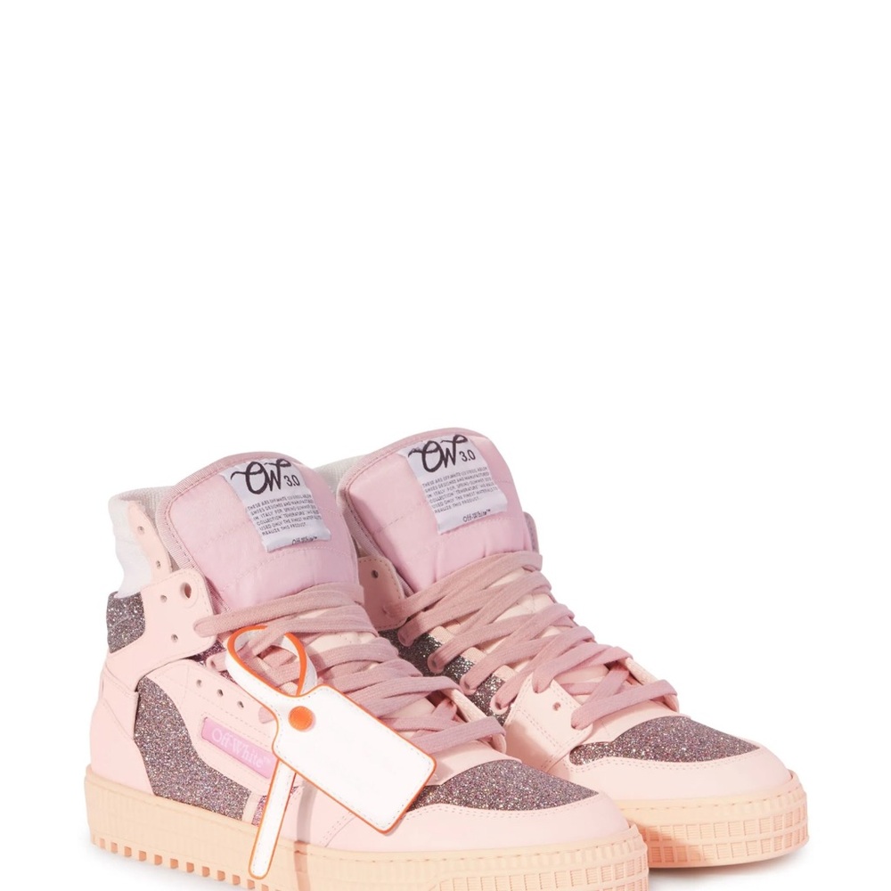 Off-White Pink High-Top Sneakers with Glitter Accents - Picture 2 of 6